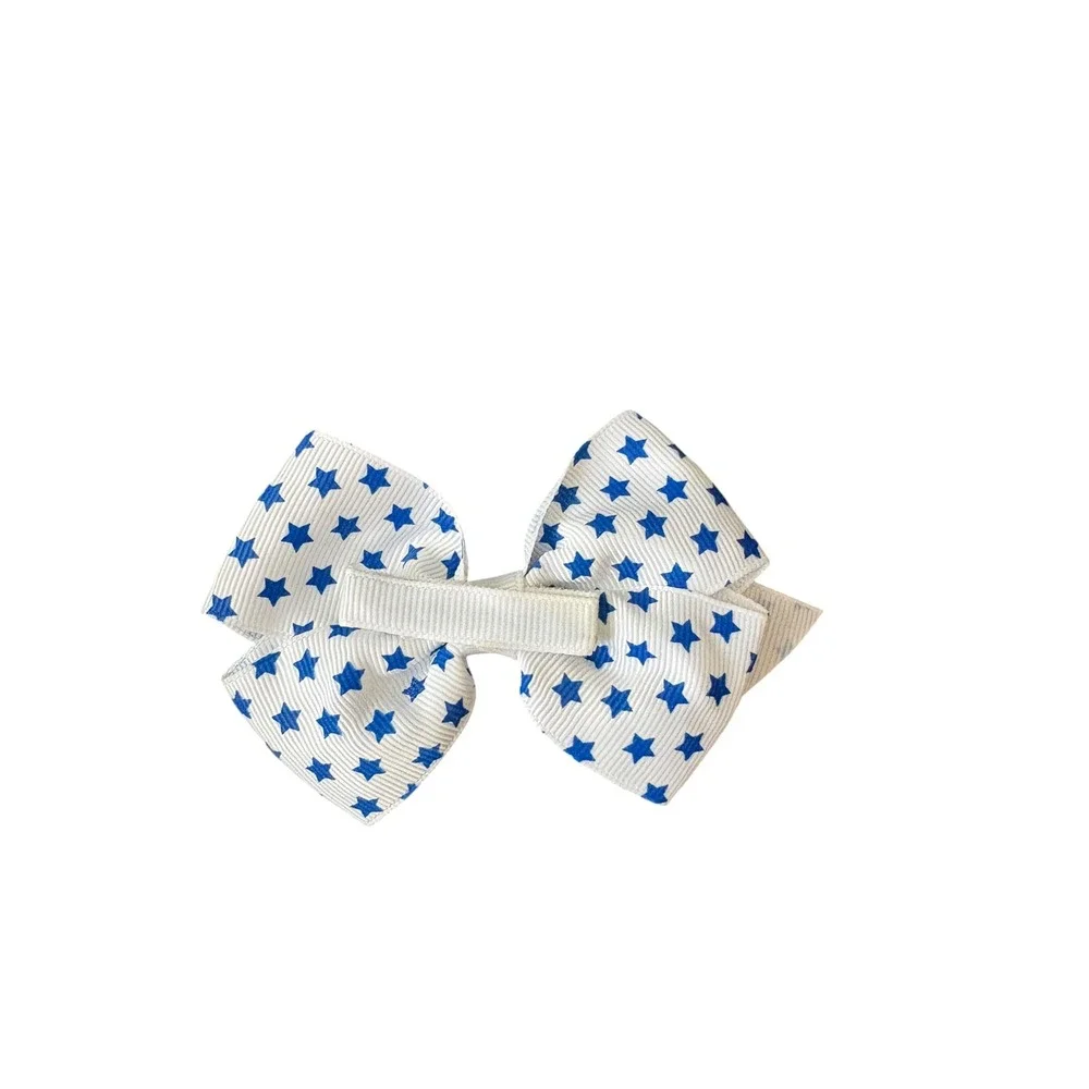 Girls White Blue Star Hair Bow 4 Inch Grosgrain Ribbon Alligator Clip Patriotic